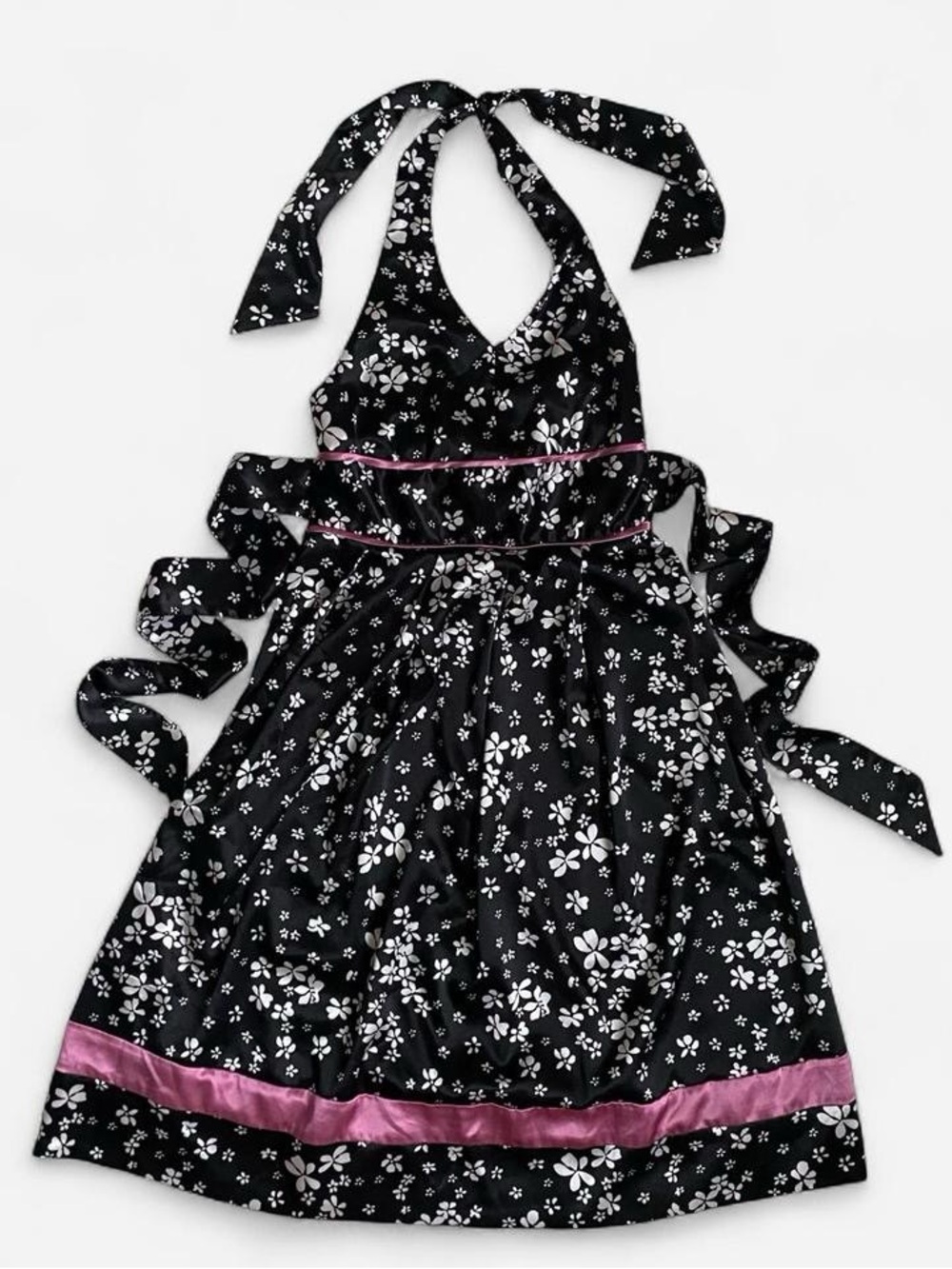 Y2k girls black floral satin halter dress